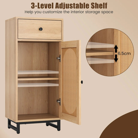 PE Rattan Storage Cabinet with Adjustable Foot Pads and Anti-toppling Kit-Natural