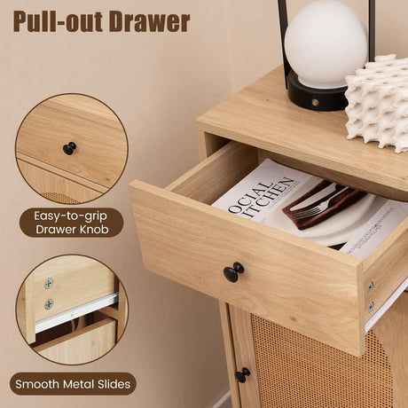 PE Rattan Storage Cabinet with Adjustable Foot Pads and Anti-toppling Kit-Natural
