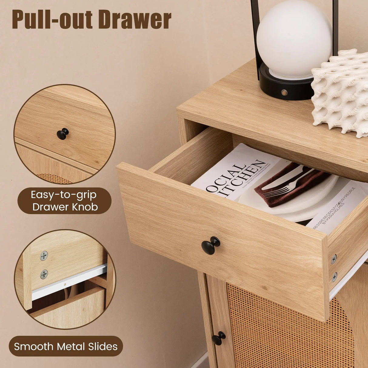 PE Rattan Storage Cabinet with Adjustable Foot Pads and Anti-toppling Kit-Natural