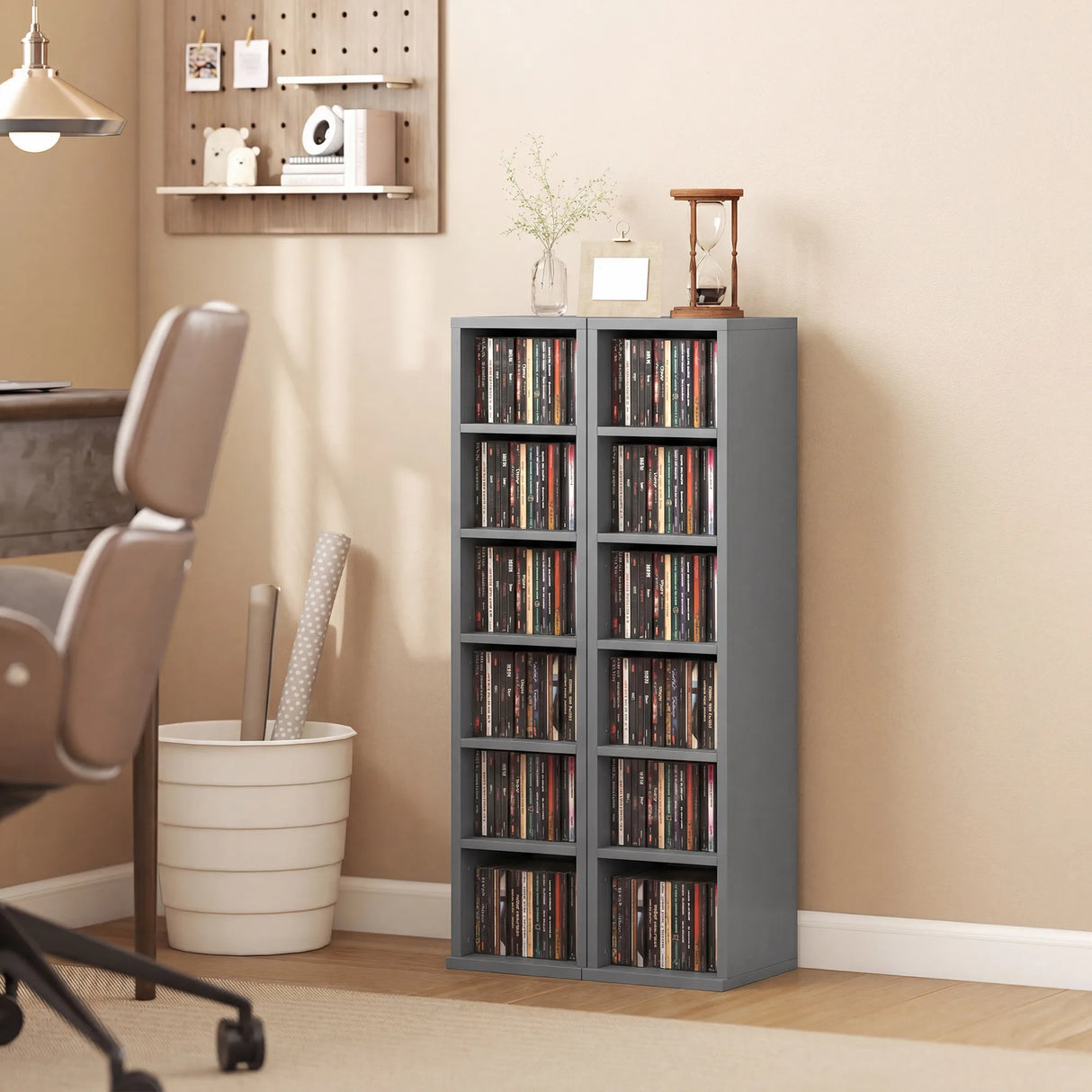 HOMCOM Set of 2 CD Media Display Shelf Unit Tower Rack with Adjustable Shelves, Light Grey