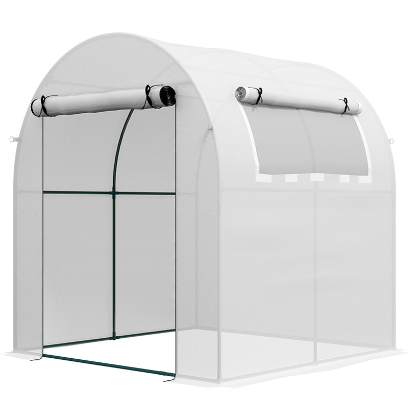 Outsunny Walk in Polytunnel Greenhouse, Green House for Garden with Roll-up Window and Door, 1.8 x 1.8 x 2 m, White