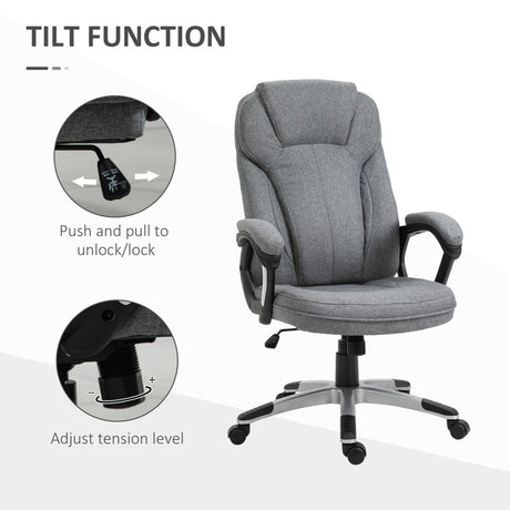 Vinsetto Office Chair, Linen Fabric Desk Chair, Height Adjustable Computer Chair with Padded Armrests, Swivel Wheels and Tilt Function, Grey