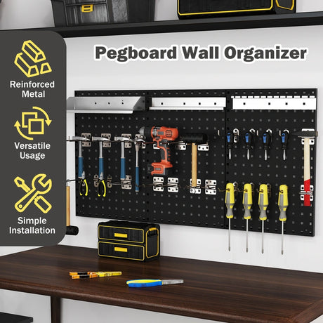 Wall-Mounted Pegboard Tool Organizing Kit with 28 PCS Hanging Accessories-Black