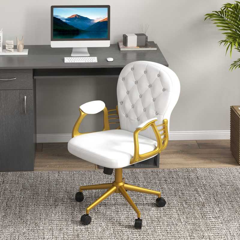 Vinsetto Height Adjustable Home Office Chair, Button Tufted Computer Chair with Padded Armrests and Tilt Function, Cream White