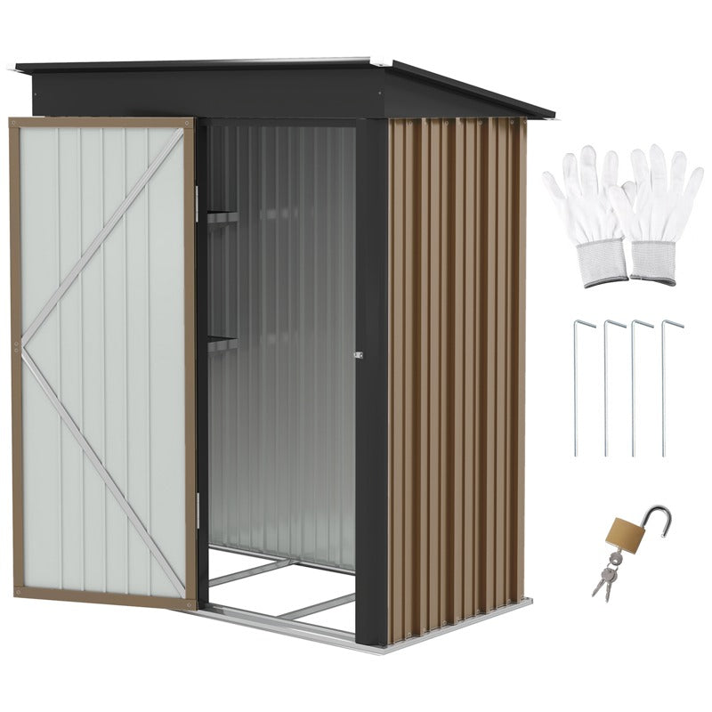 Outsunny Metal Garden Shed, Outdoor Lean-to Shed for Tool Motor Bike, with Adjustable Shelf, Lock, Gloves, 5'x3'x6', Brown