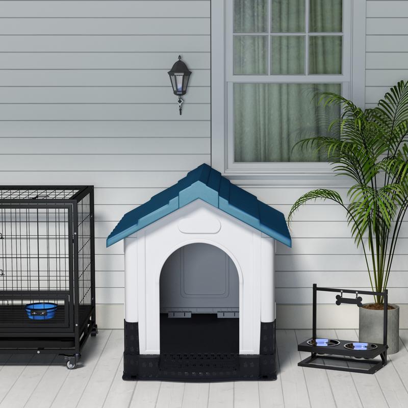 PawHut Plastic Dog Kennel with Windows, for Garden Patio, Medium and Large Dogs, 101 x 88 x 99cm - Blue