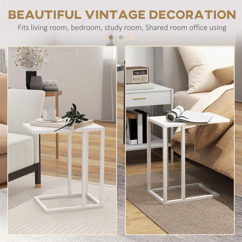 HOMCOM C Shape Bedside Table w/Metal Frame Wood-Effect Top Sofa Narrow Snack End Table for Living Room, White