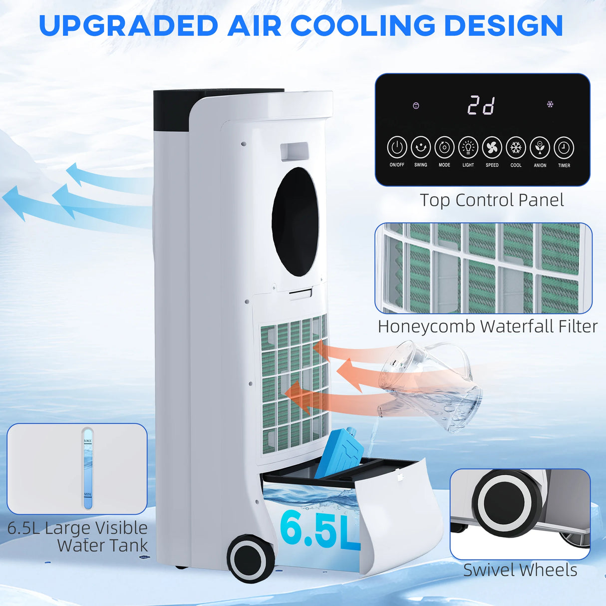 HOMCOM Evaporative Air Cooler, 6.5L 4-in-1 Bladeless Portable Cooler, Fan, Humidifier, Air Clean Anion with Oscillation, 6 Speeds, 24H Timer, Sleep Mode, 2 Ice Packs, Wheels, Remote, for Home Office