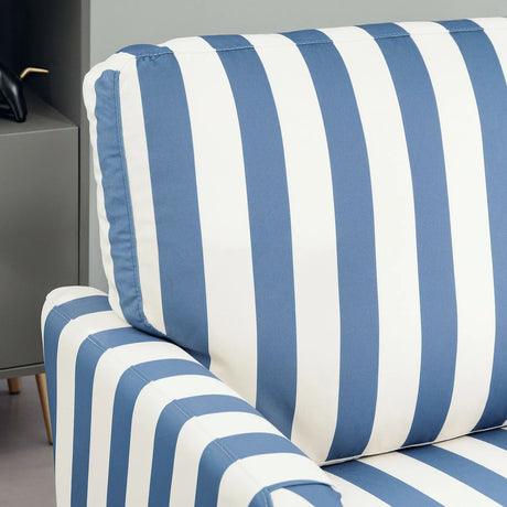 HOMCOM Modern Cuddle Chair, Velvet Single Sofa Armchair with Stripe, Turned Legs and Wide Seat, Upholstered Snuggle Chair for Living Room, Bedroom, Blue and White