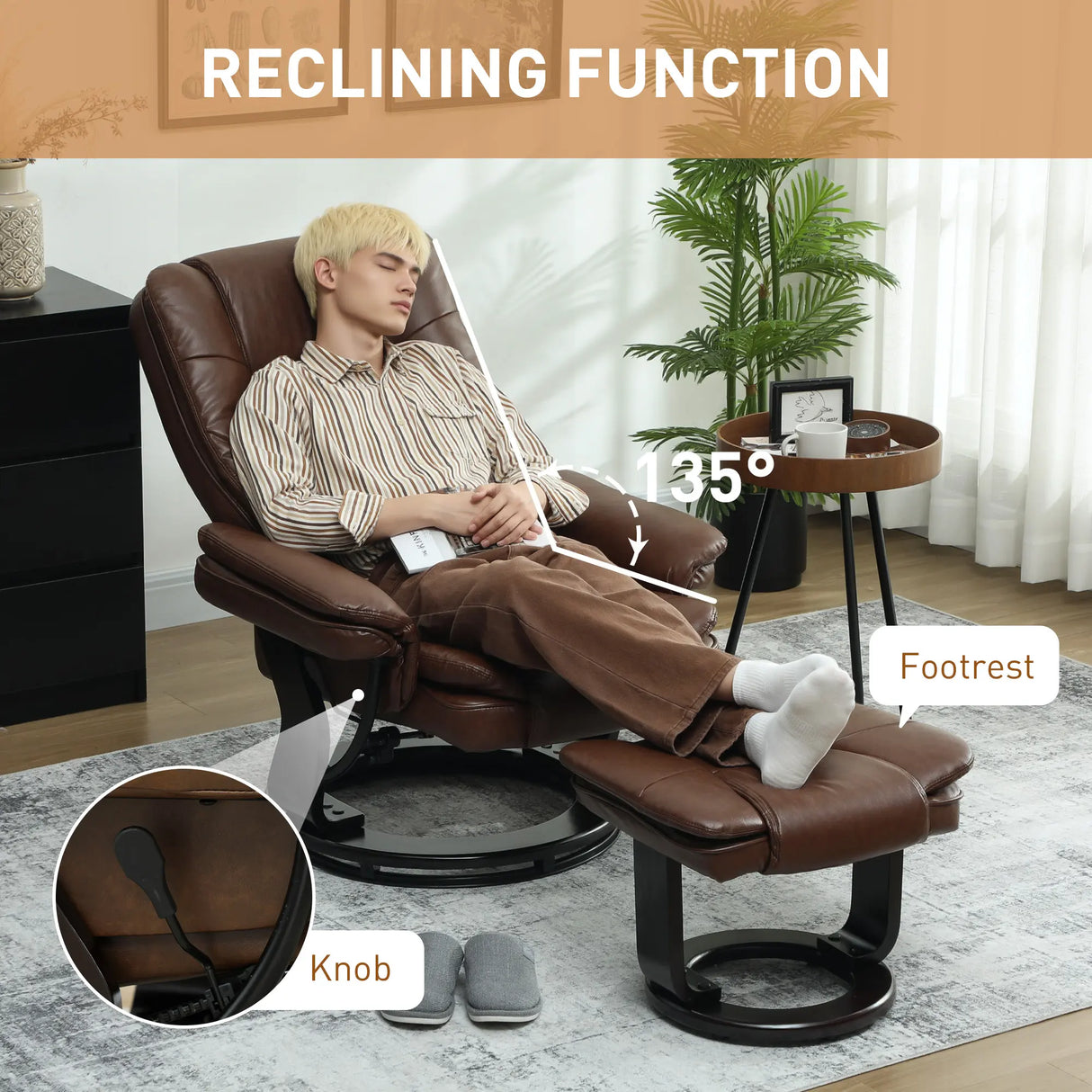 HOMCOM Faux Leather 135 Reclining Chair and Footstool - Brown