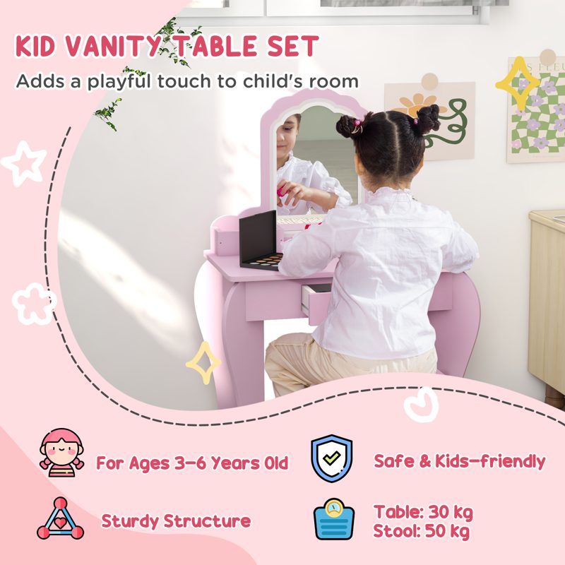 ZONEKIZ Wooden Kids Bedroom Furniture Set with Kids Dressing Table, Stool, Bed, for 3-6 Years, Cloud-Design