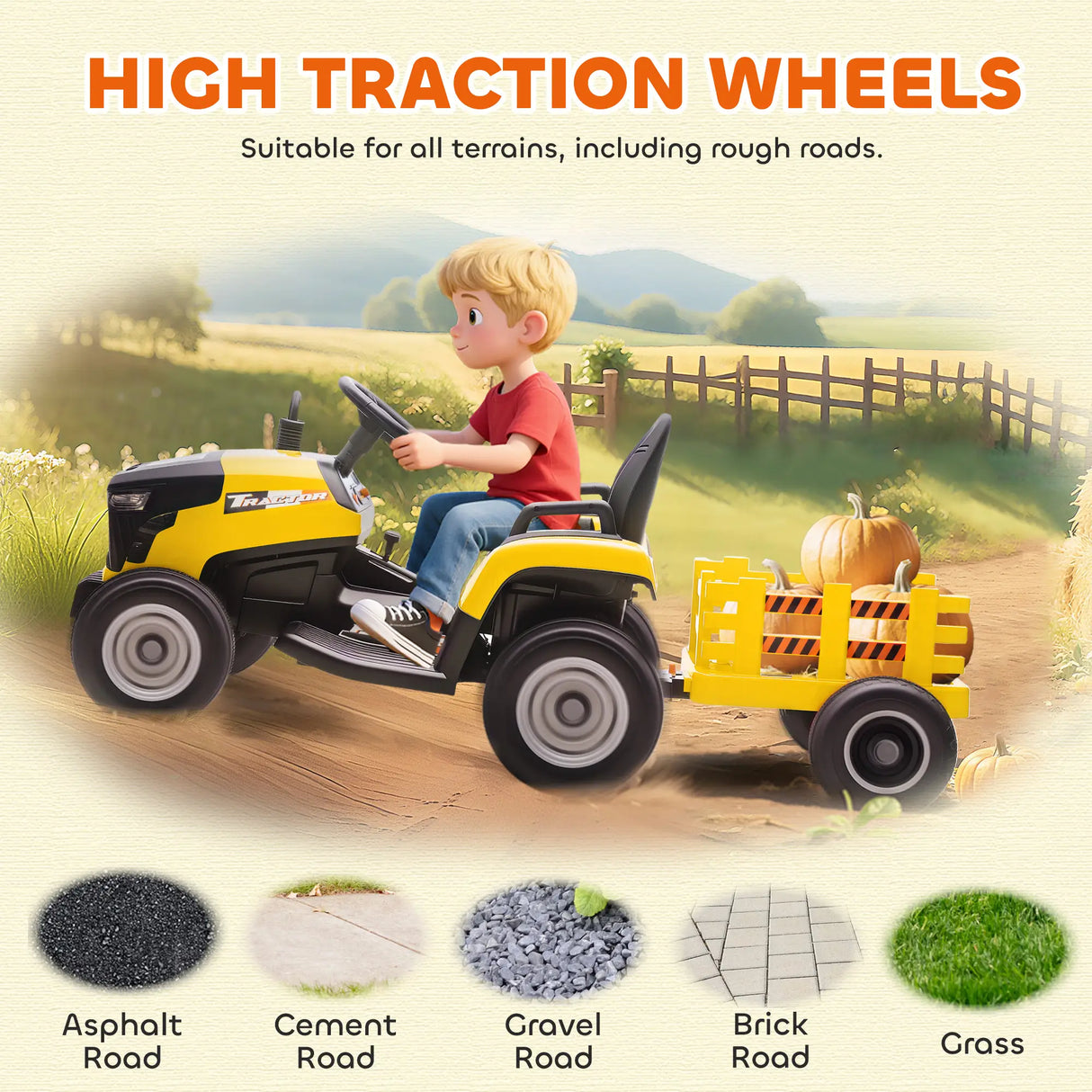AIYAPLAY 12V Ride on Tractor and Trailer with Remote Control, Music, Shifter, Start-Up Sound, for Kids Ages 3-8 Years, Yellow