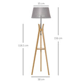 HOMCOM Natural Wood Tripod Floor Lamp Light E27 Base Bedroom Living Room Fabric Shade Storage Shelf Foot Switch, 156cm, Grey