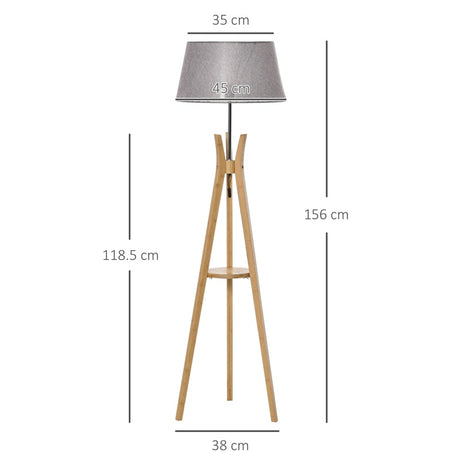 HOMCOM Natural Wood Tripod Floor Lamp Light E27 Base Bedroom Living Room Fabric Shade Storage Shelf Foot Switch, 156cm, Grey