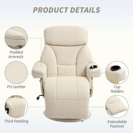 HOMCOM Manual Recliner Chair with Footrest, Upholstered Reclining Armchair with Adjustable Backrest and Cup Holder, PU Leather Swivel Chair for Living Room, Bedroom, Cream White