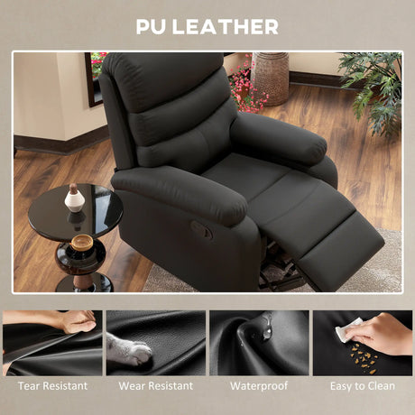 HOMCOM PU Leather Reclining Chair, Manual Recliner Chair with Padded Armrests, Retractable Footrest and Wood Frame, Black