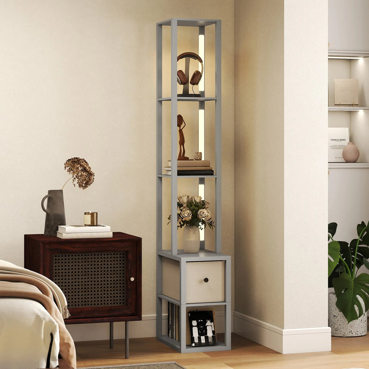 HOMCOM Floor Lamp with Shelves, LED Column Modern Standing Lamp with Fabric Drawer, Adjustable Brightness, Foot Switch for Living Room, Bedroom, Office, Grey