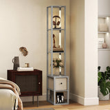 HOMCOM Floor Lamp with Shelves, LED Column Modern Standing Lamp with Fabric Drawer, Adjustable Brightness, Foot Switch for Living Room, Bedroom, Office, Grey