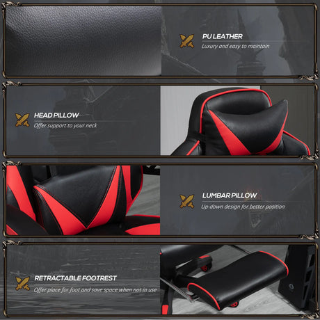 Vinsetto Computer Gaming Chair, Racing Desk Chair with Lumbar Support and Footrest, PU Leather Gamer Chair with Headrest and Swivel Wheels for Home, Red