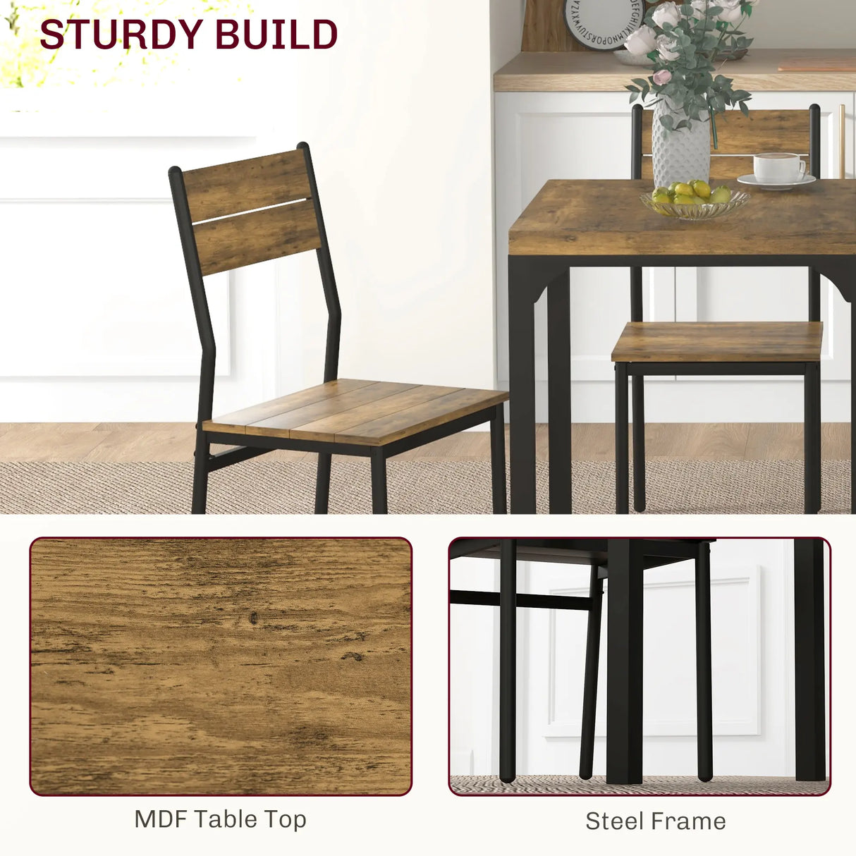 HOMCOM Three-Piece Minimal and Compact Dining Set, Rustic Brown