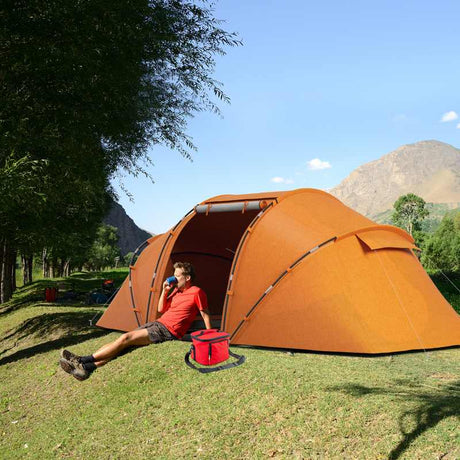 Outsunny 4-6 Man Camping Tent w/ Two Bedroom, Hiking Sun Shelter, UV Protection Tunnel Tent, Orange