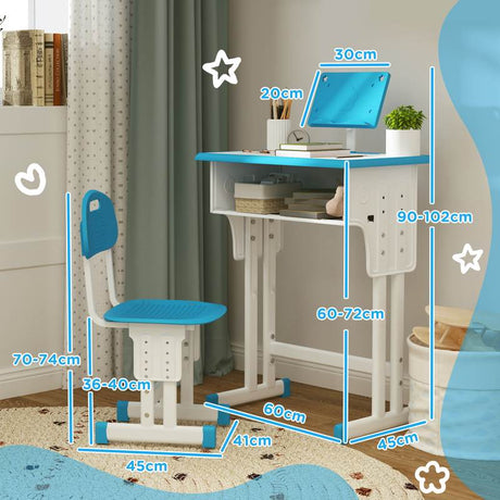 HOMCOM Kids Adjustable Desk and Chair Set, Book Stand, Pen Slot - Blue