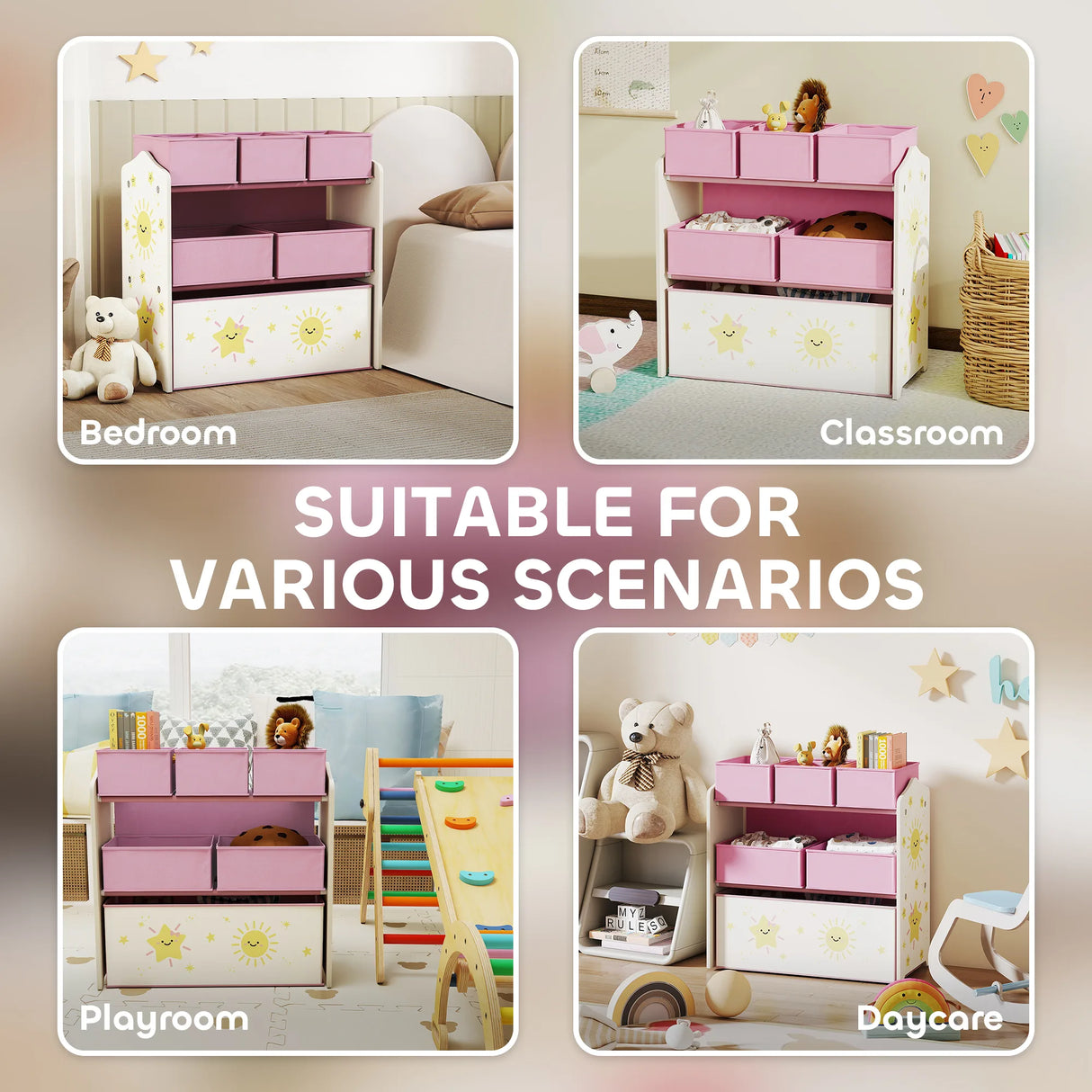 AIYAPLAY Kids Toy Storage Units, 3-Tier Toy Organiser Shelf with 6 Removable Boxes for Kids, Bedroom, Playroom, Pink