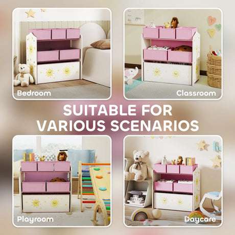 AIYAPLAY Kids Toy Storage Units, 3-Tier Toy Organiser Shelf with 6 Removable Boxes for Kids, Bedroom, Playroom, Pink