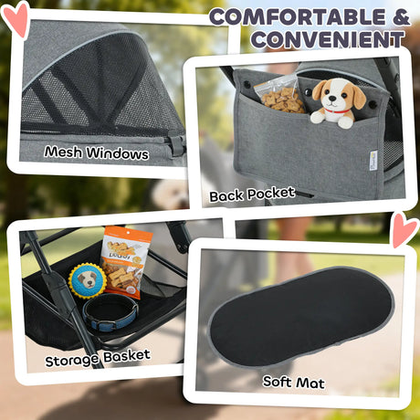 PawHut Pet Stroller, Foldable Dog Cat Stroller with Detachable Carrier, Wheels, Storage Basket, Secure Leash