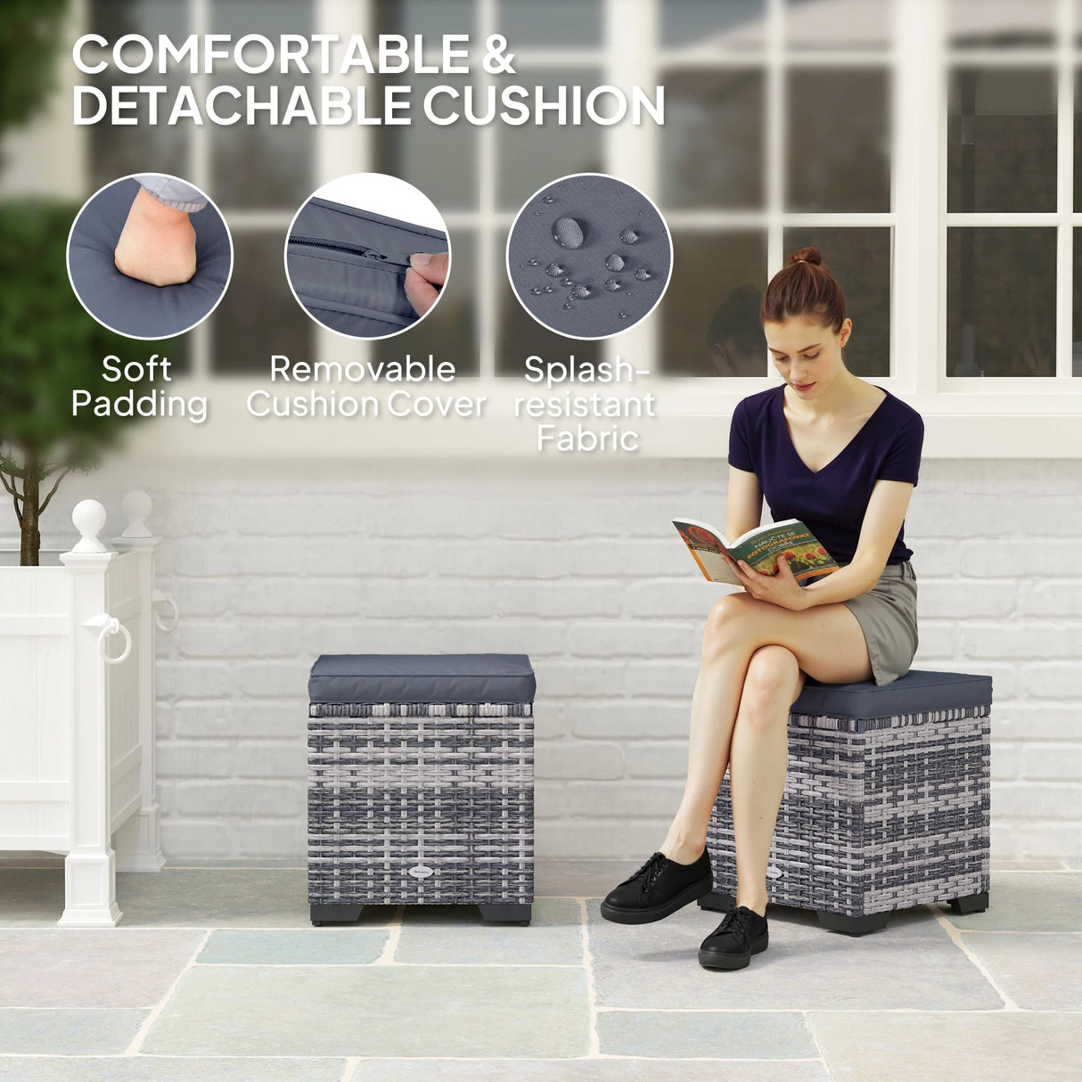 Outsunny Set of 2 Rattan Storage Ottoman, Outdoor Footstool with Removable Cushions, Garden Storage Seat for Balcony, Porch, Living Room, Dark Grey