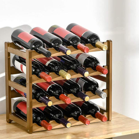 HOMCOM Free Standing Bamboo Wine Rack with 16 Bottles Holder, 4-tier Water Bottle Organizer, Display Shelf for Countertop, Home Bar, Brown