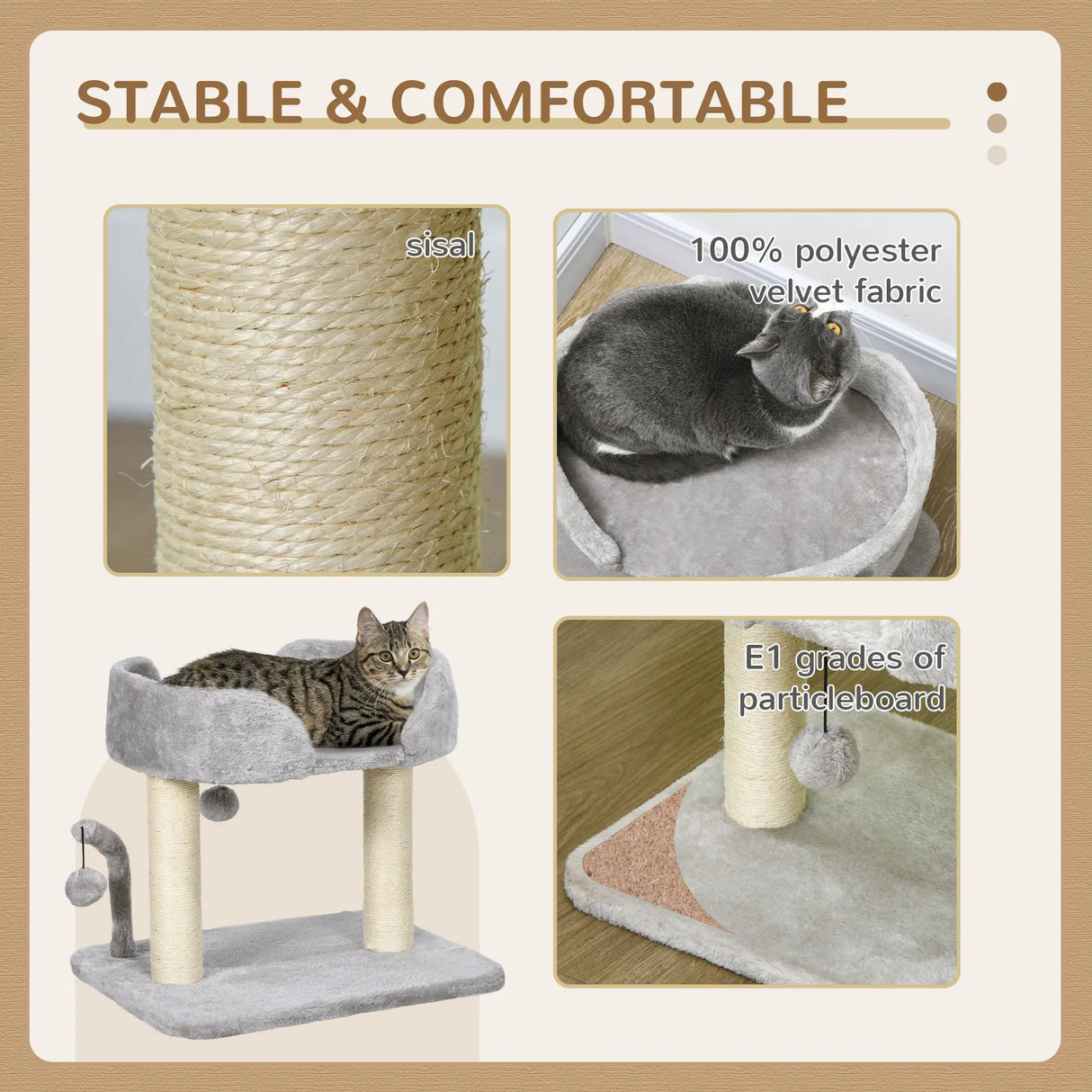 PawHut 42cm Indoor Cat Tree, with Toy Balls, Sisal Scratching Post - Light Grey