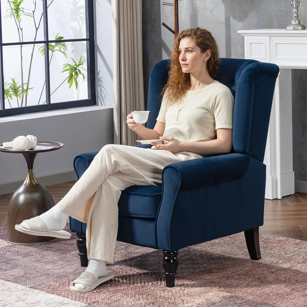 HOMCOM Wingback Accent Chair, Retro Upholstered Button Tufted Occasional Chair for Living Room and Bedroom, Dark Blue