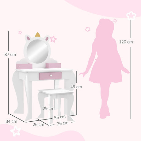 ZONEKIZ Unicorn-Design Kids Dressing Table, with Mirror and Stool - White