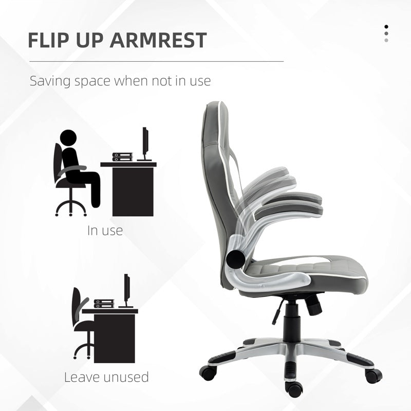 Vinsetto Computer Gaming Chair, Office Desk Swivel Chair, PU Leather Racing Chair with 90 Flip-up Armrest, Adjustable Height and Rolling Wheels, Grey