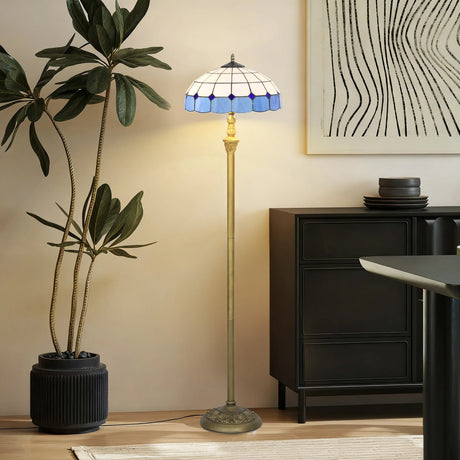 HOMCOM Tiffany-Style Floor Lamp with Handcrafted Stained Glass Shade, 152cm Tall Vintage Standing Lamp with Foot Switch and Dual Sockets for Living Room Bedroom, Bronze Tone and Blue