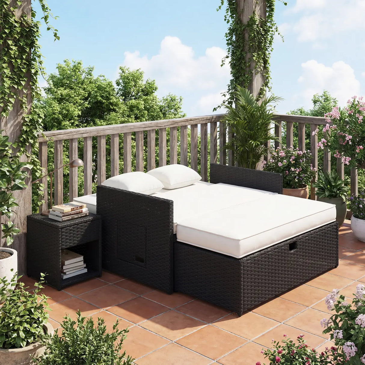 Outsunny Rattan Garden Daybed, Double Sun Lounger with 5-Level Adjustable Back, Storage Ottoman, Cream White