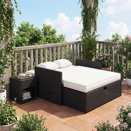 Outsunny Rattan Garden Daybed, Double Sun Lounger with 5-Level Adjustable Back, Storage Ottoman, Cream White