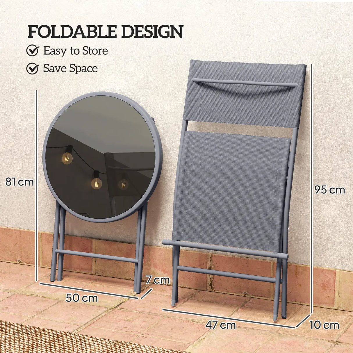 Outsunny 3 Pieces Outdoor Bistro Set, Glass Top Outdoor Table and 2 Folding Chairs with Protecting Feet, Grey