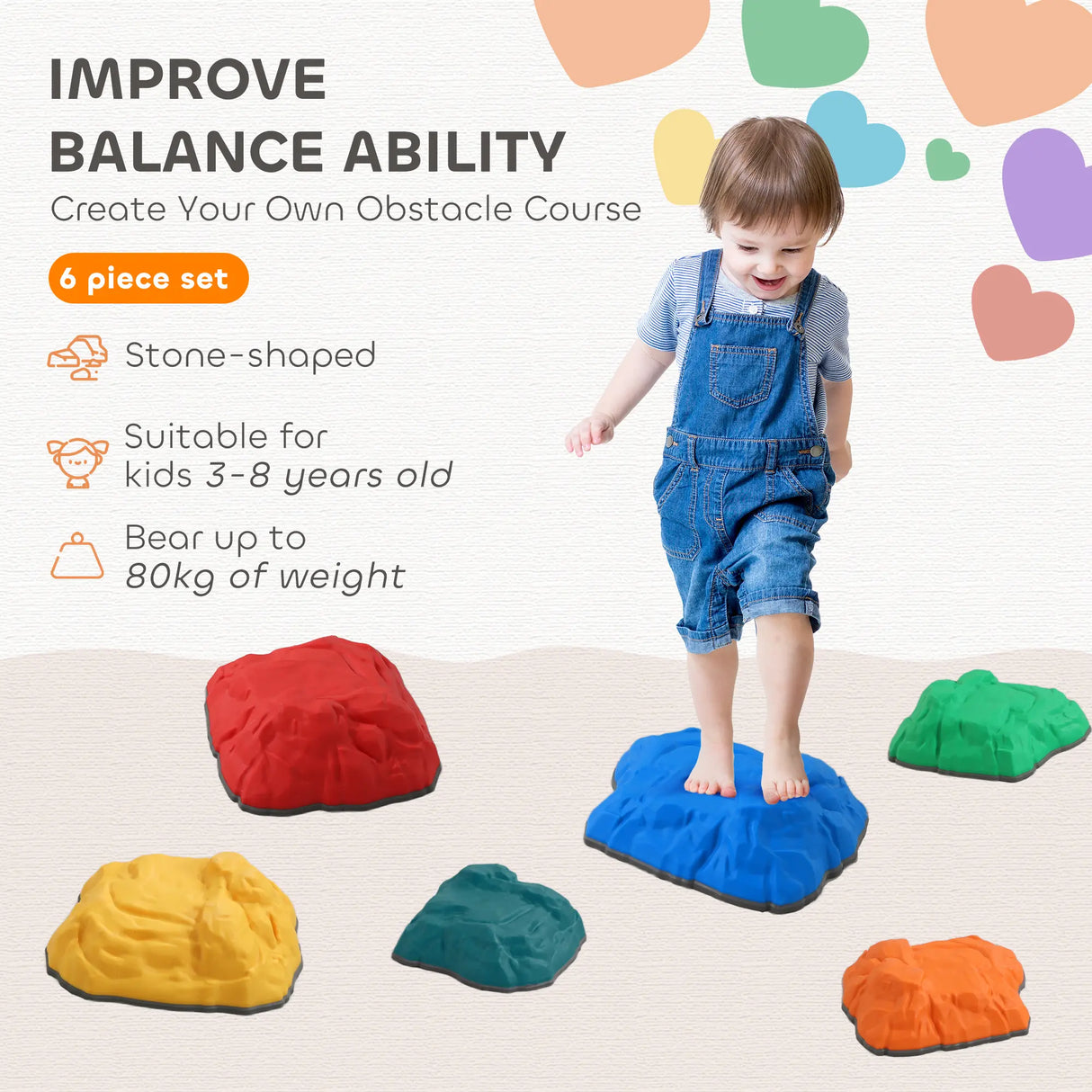 AIYAPLAY Balance Stepping Stones for Kids with Non-Slip Bottom, Indoor Outdoor Obstacle Course for Ages 3-8 Years, Multicoloured