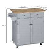 HOMCOM Rolling Kitchen Island on Wheels, Utility Serving Cart with Rubber Wood Top, Towel Rack, Hooks and Storage Drawers, Grey