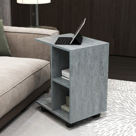 HOMCOM C-Shape End Table Unique Storage Unit w/ 2 Shelves 4 Wheels Freestanding Home Office Furniture Cabinet Square Studio Grey