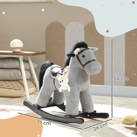AIYAPLAY Baby Rocking Horse, Plush Ride on Toy with Handle Grip, Sound and Doll, Toddler Animal Rocker for Kids Aged 25, Grey