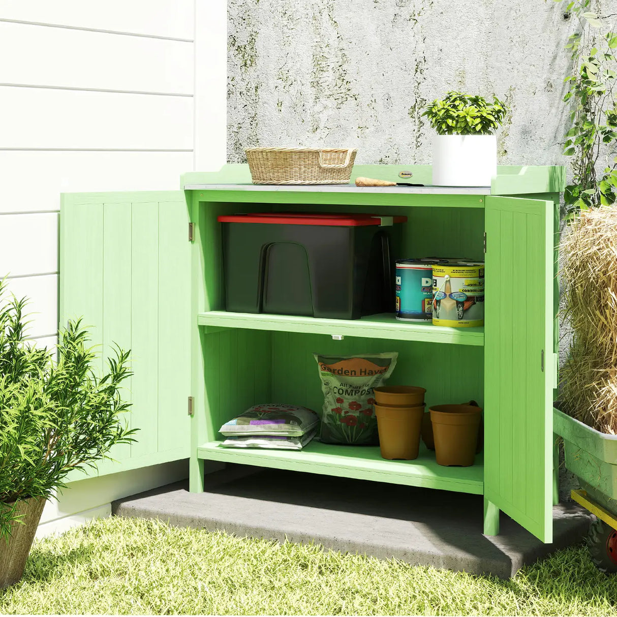 Outsunny Wood Garden Storage Cabinet, Outdoor Tool Shed, Potting Bench Table with galvanised Top and Two Shelves for garden Tools or Pool Accessories, Green