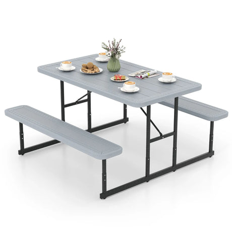Picnic Table Bench Set with Umbrella Hole for 2-4 People-Grey