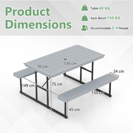 Picnic Table Bench Set with Umbrella Hole for 2-4 People-Grey