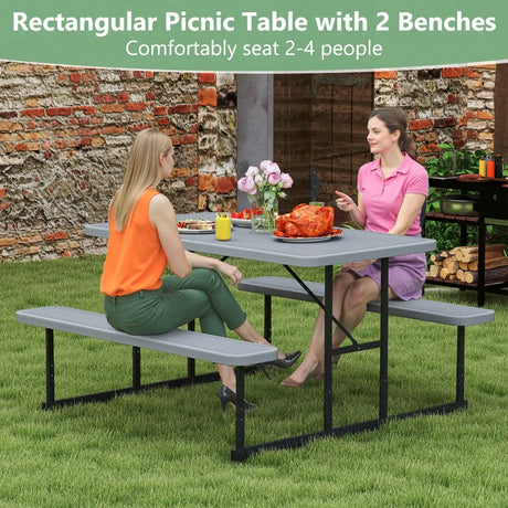 Picnic Table Bench Set with Umbrella Hole for 2-4 People-Grey