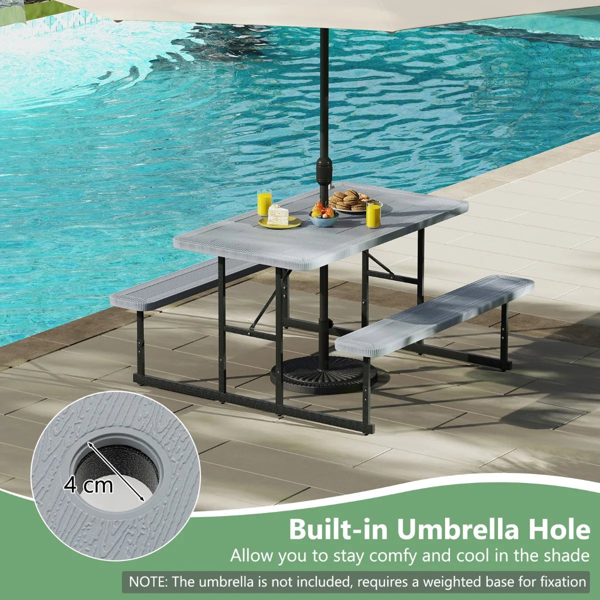 Picnic Table Bench Set with Umbrella Hole for 2-4 People-Grey