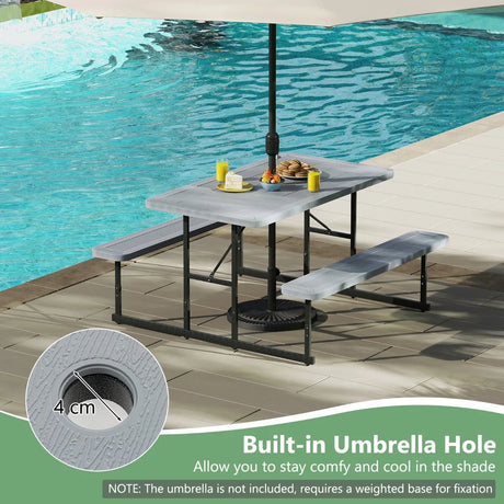 Picnic Table Bench Set with Umbrella Hole for 2-4 People-Grey