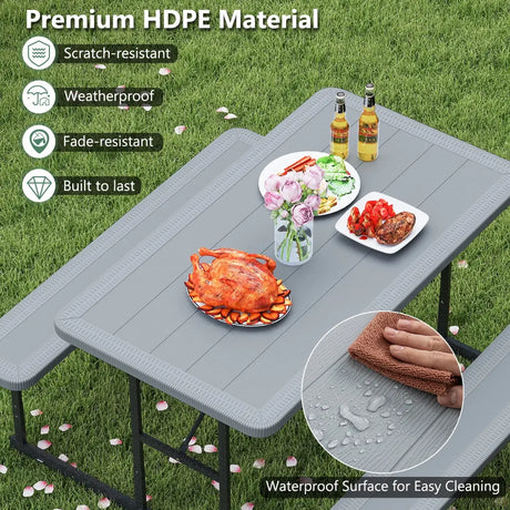 Picnic Table Bench Set with Umbrella Hole for 2-4 People-Grey